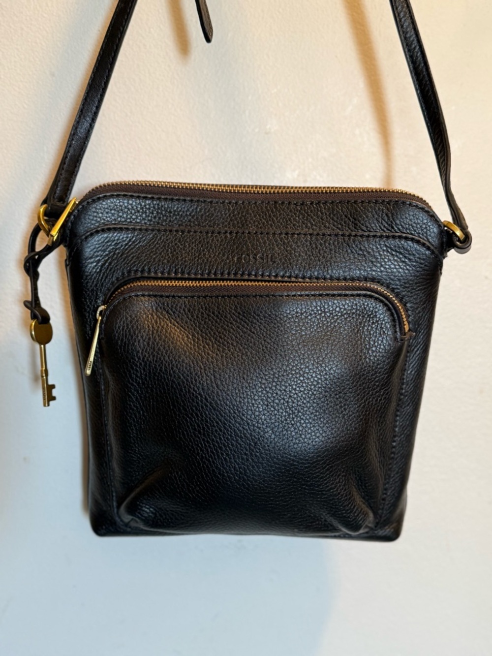 Fossil Black Pebbled Leather Crossbody with Gold Hardware